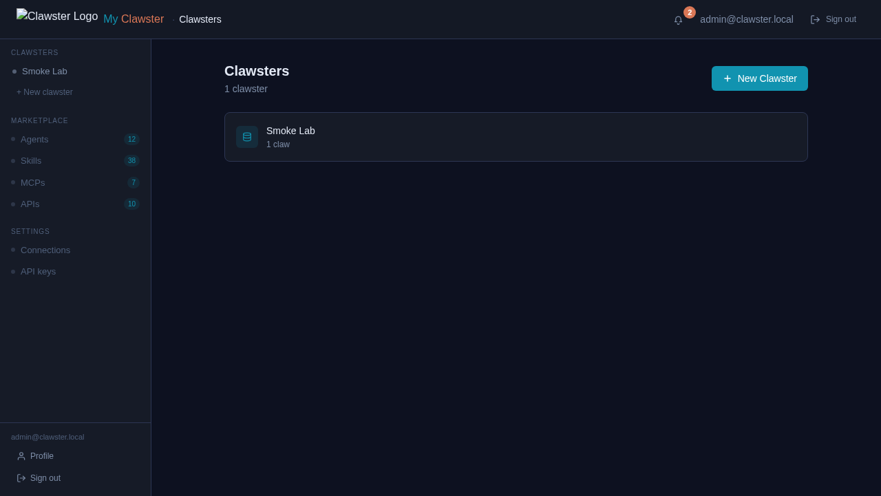 My Clawster cluster overview dashboard